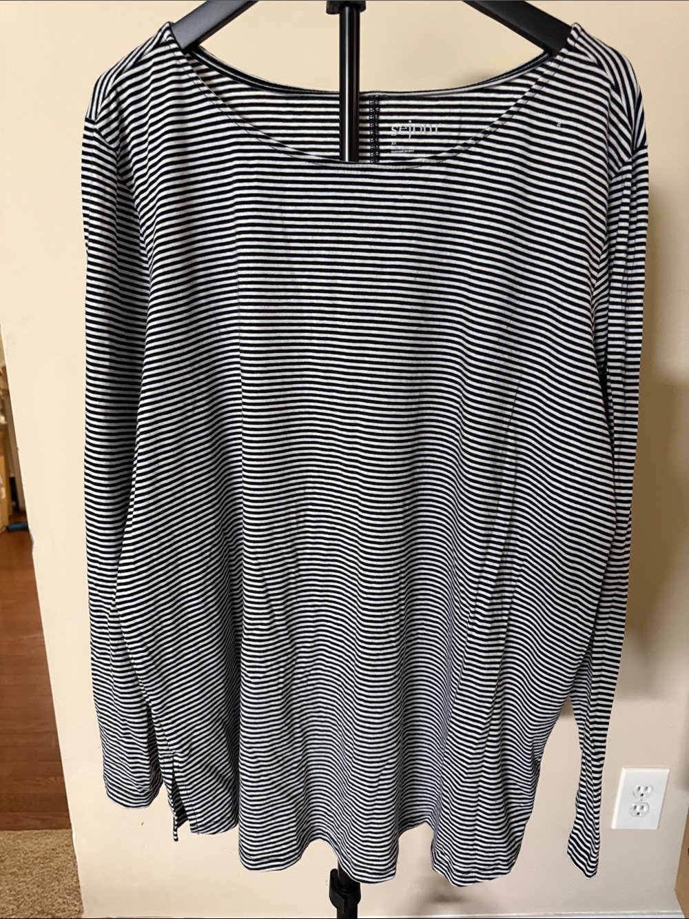 Sejour Black and White Striped Crewneck Shirt
